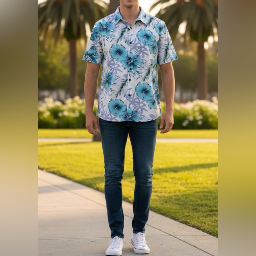 JOGAL Men’s Blue Hibiscus Hawaiian Shirt | Size M